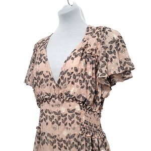 Max Studio basque waist Midi Dress L Pink Floral‎ Feminine Flutter Sleeves